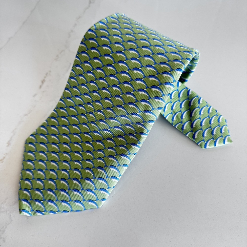 Brooks‎ Brothers 346 Silk Necktie Green Blue Whales Made in USA - Picture 3 of 3